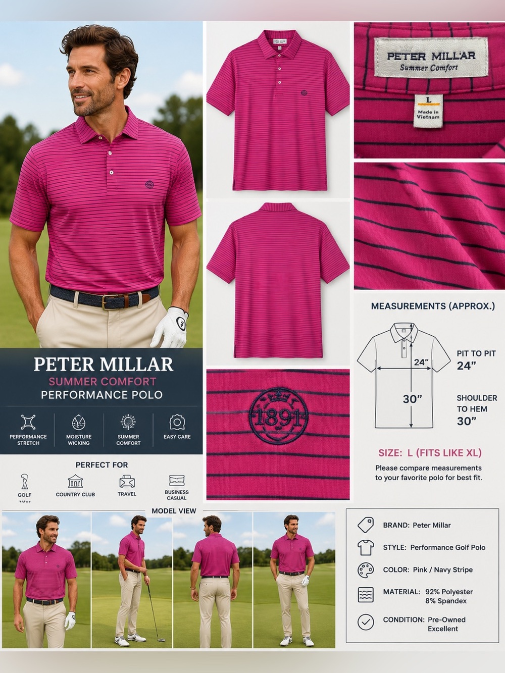 Peter Millar Summer Comfort Striped Pink Golf Polo Shirt Men's L XL 24x30